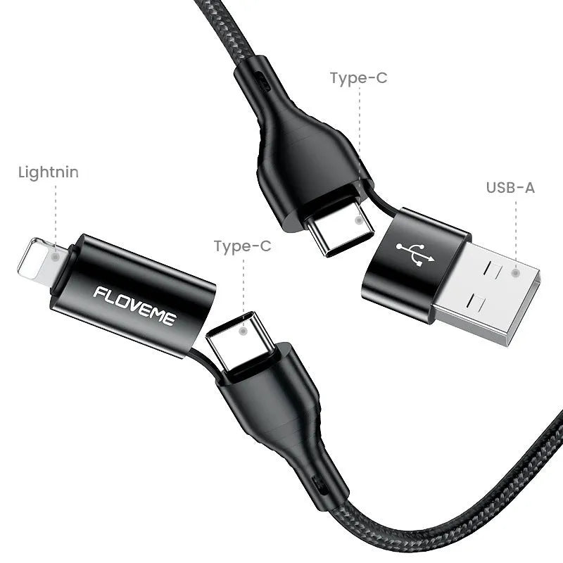 Black nylon braided 4-in-1 data cable showing USB-C and Lightning connectors with 1 metre length
