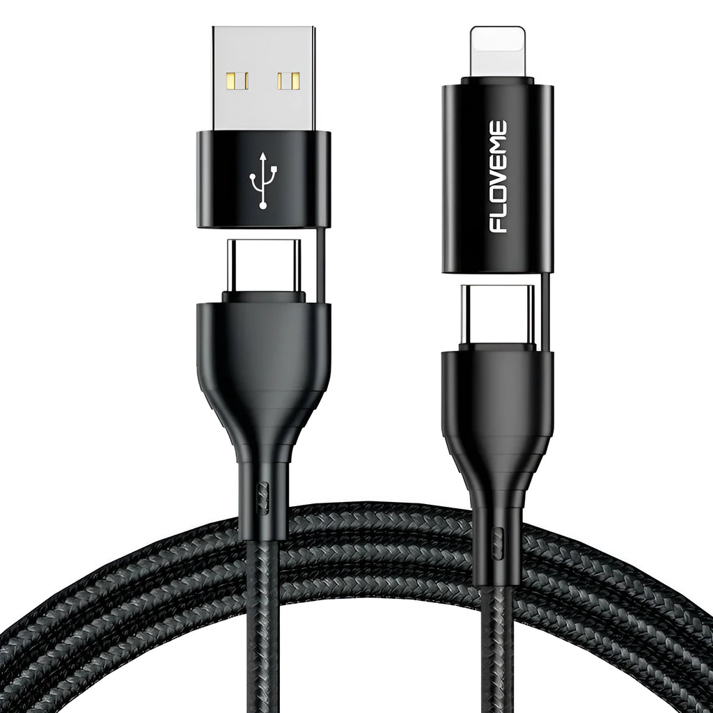 Black nylon braided 4-in-1 data cable showing USB-C and Lightning connectors with 1 metre length