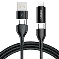 Black nylon braided 4-in-1 data cable showing USB-C and Lightning connectors with 1 metre length
