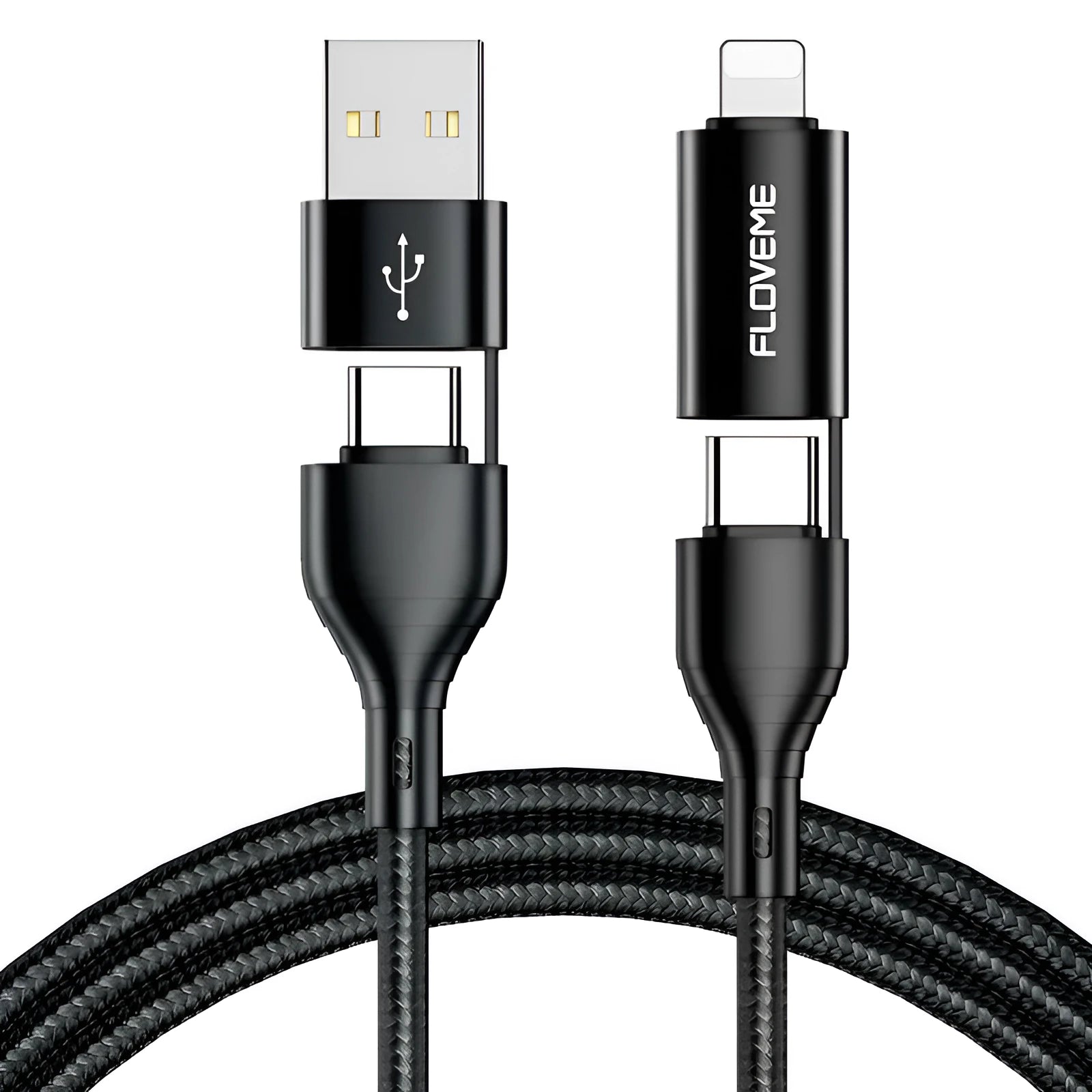 Black nylon braided 4-in-1 data cable showing USB-C and Lightning connectors with 1 metre length