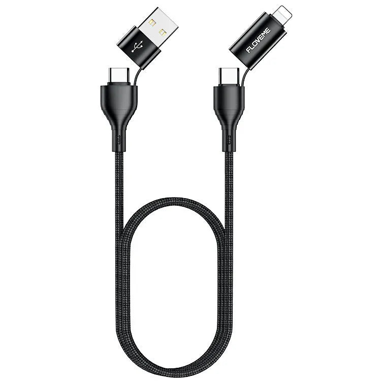 Black nylon braided 4-in-1 data cable showing USB-C and Lightning connectors with 1 metre length