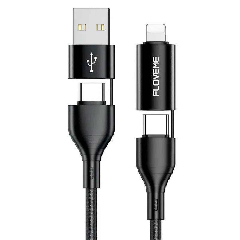 Black nylon braided 4-in-1 data cable showing USB-C and Lightning connectors with 1 metre length
