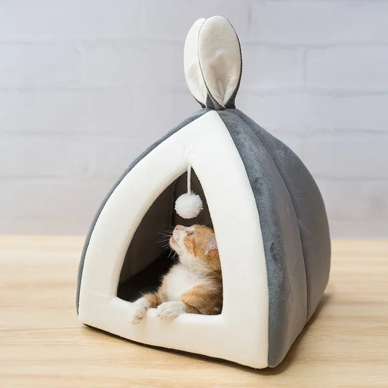 Grey cloth cat house shown in size L, suitable for cats or small dogs.