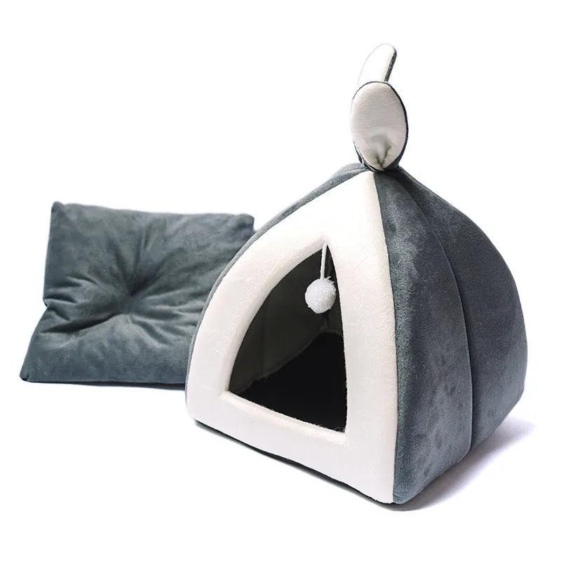 Grey cloth cat house shown in size L, suitable for cats or small dogs.