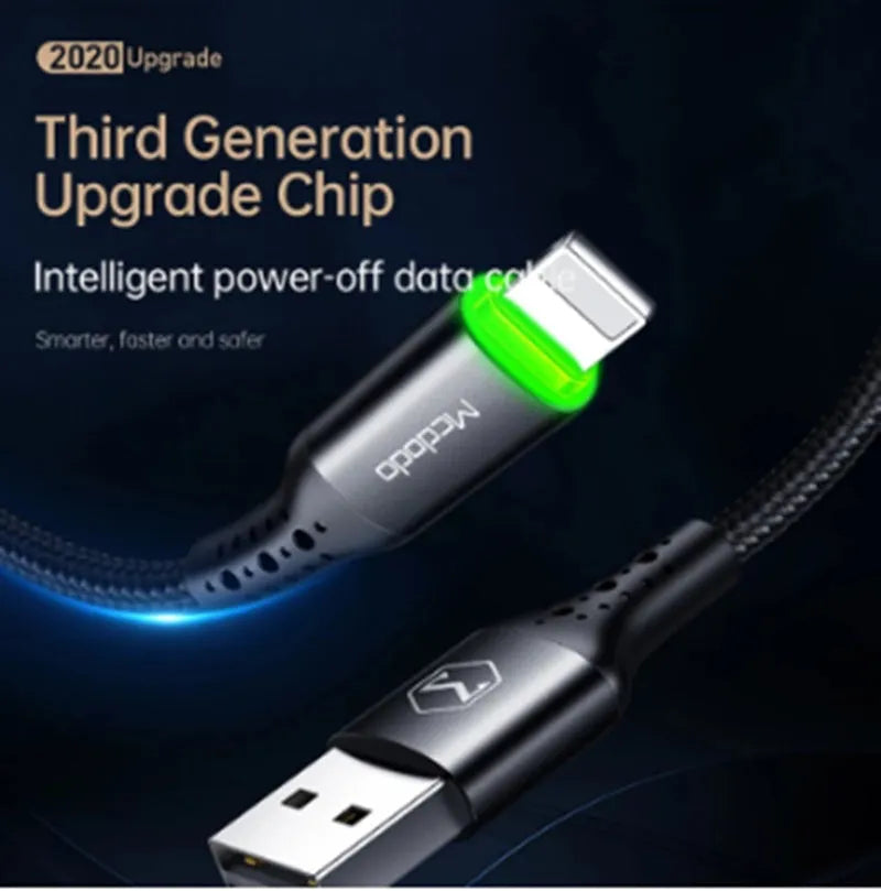 Black iPhone charging cable with LED indicator lights showing compatible Apple charging with 3A fast charging capability