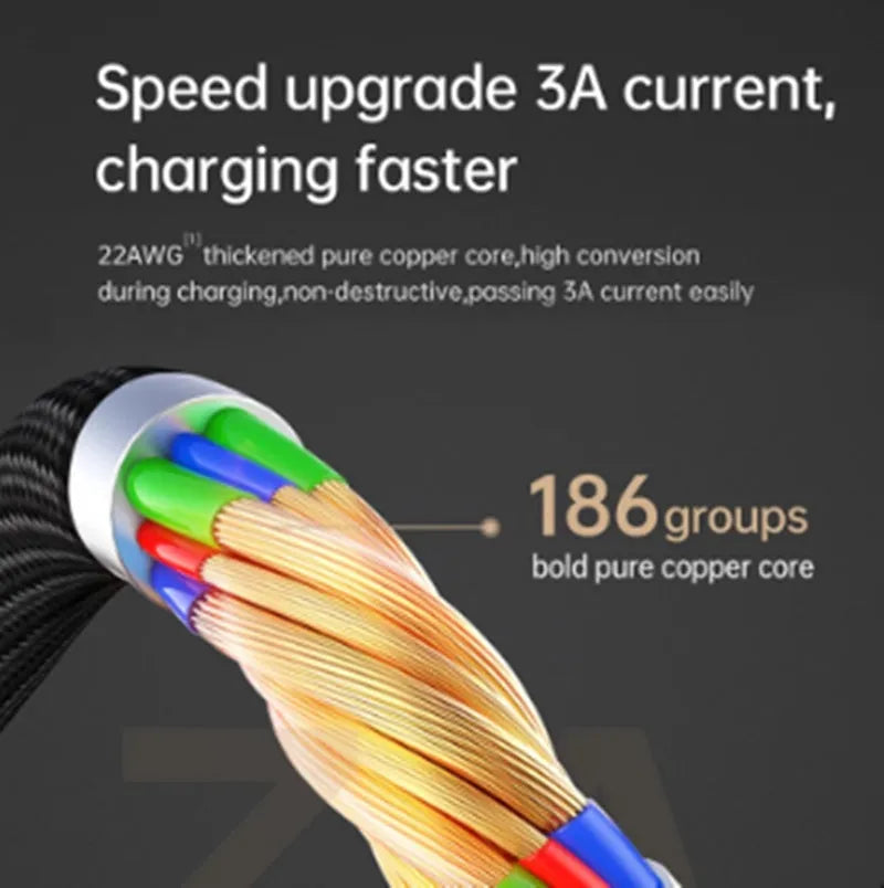 Black iPhone charging cable with LED indicator lights showing compatible Apple charging with 3A fast charging capability