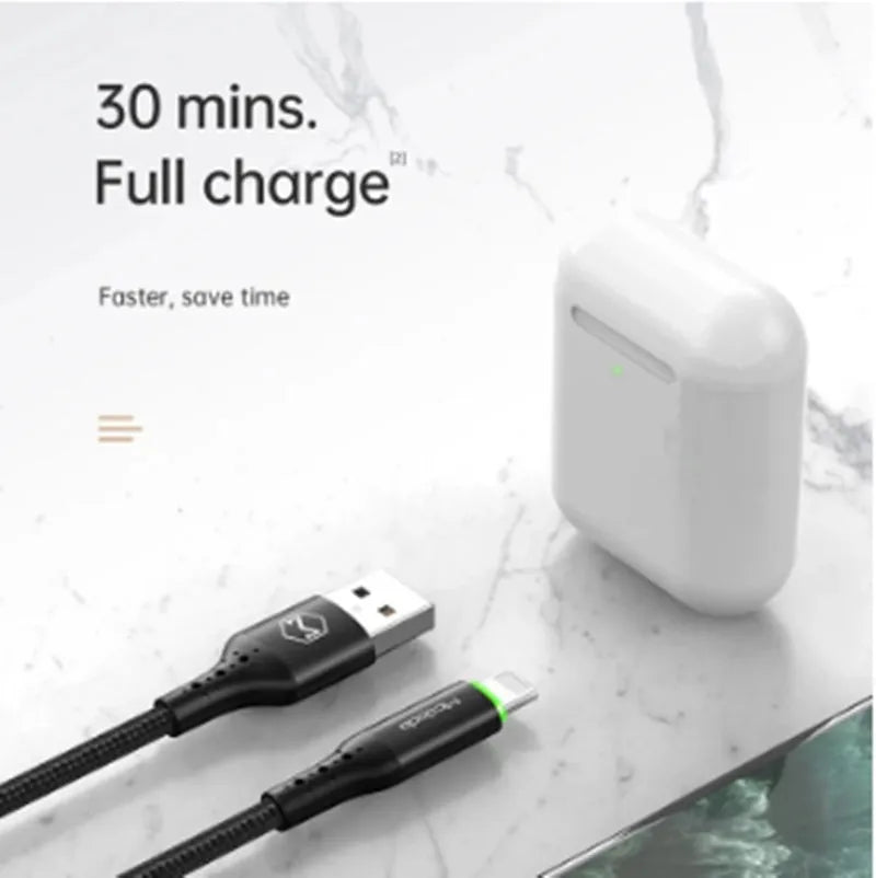 Black iPhone charging cable with LED indicator lights showing compatible Apple charging with 3A fast charging capability