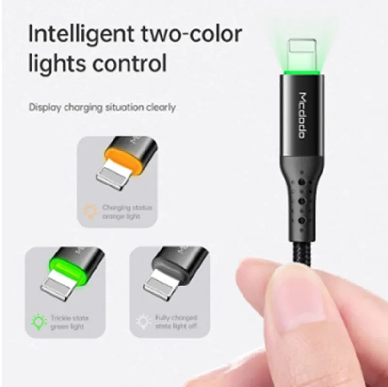 Black iPhone charging cable with LED indicator lights showing compatible Apple charging with 3A fast charging capability