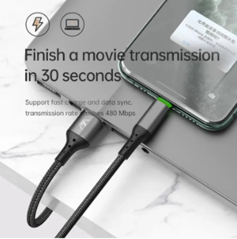 Black iPhone charging cable with LED indicator lights showing compatible Apple charging with 3A fast charging capability