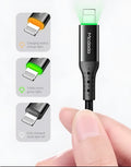 Black iPhone charging cable with LED indicator lights showing compatible Apple charging with 3A fast charging capability