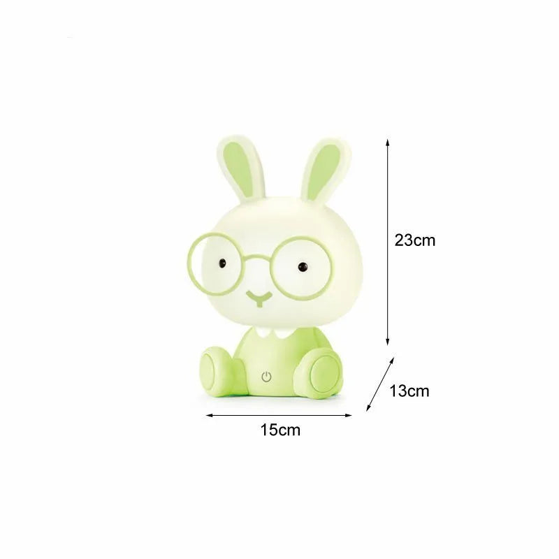 USB cartoon rabbit night light with glasses, dimmable LED decorative table lamp in blue, green, or pink