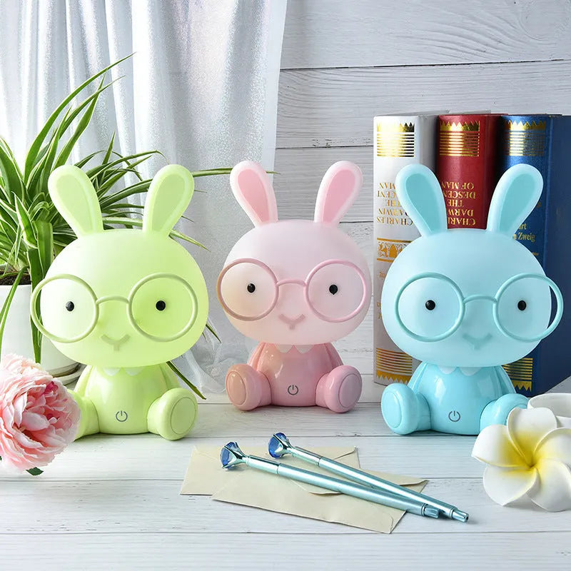USB cartoon rabbit night light with glasses, dimmable LED decorative table lamp in blue, green, or pink