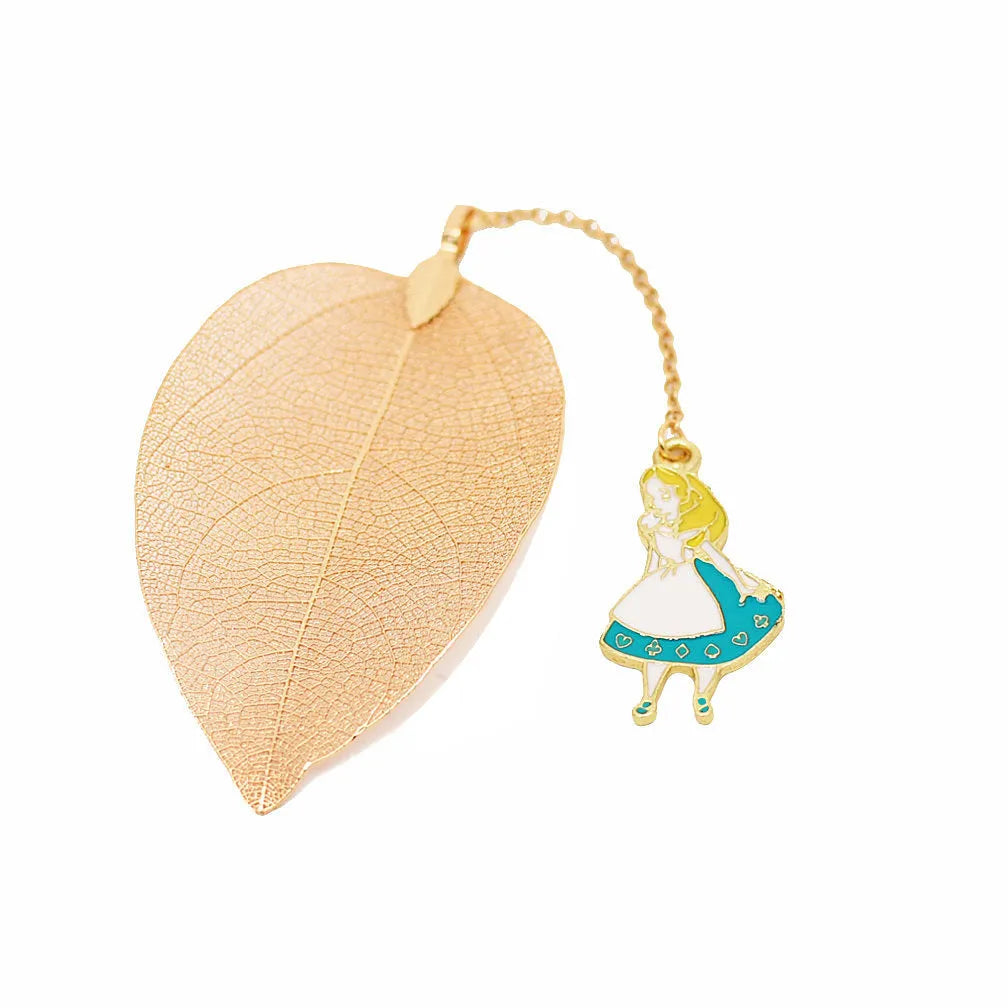 Alice in Wonderland themed metal bookmark with leaf shape and character charm options