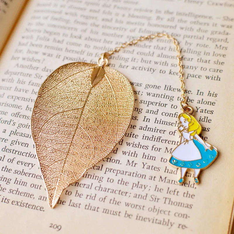 Alice in Wonderland themed metal bookmark with leaf shape and character charm options