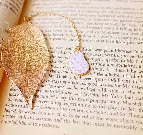 Alice in Wonderland themed metal bookmark with leaf shape and character charm options