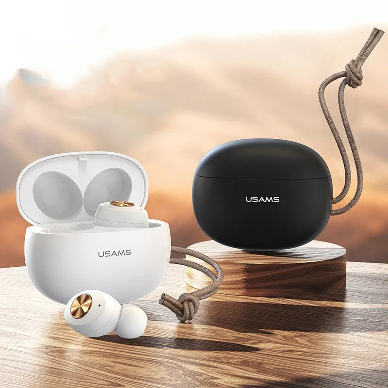 Wireless Bluetooth Mini TWS Binaural Headphones Pebble Series in black, showing earbuds and charging compartment