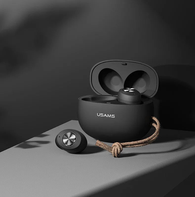 Wireless Bluetooth Mini TWS Binaural Headphones Pebble Series in black, showing earbuds and charging compartment