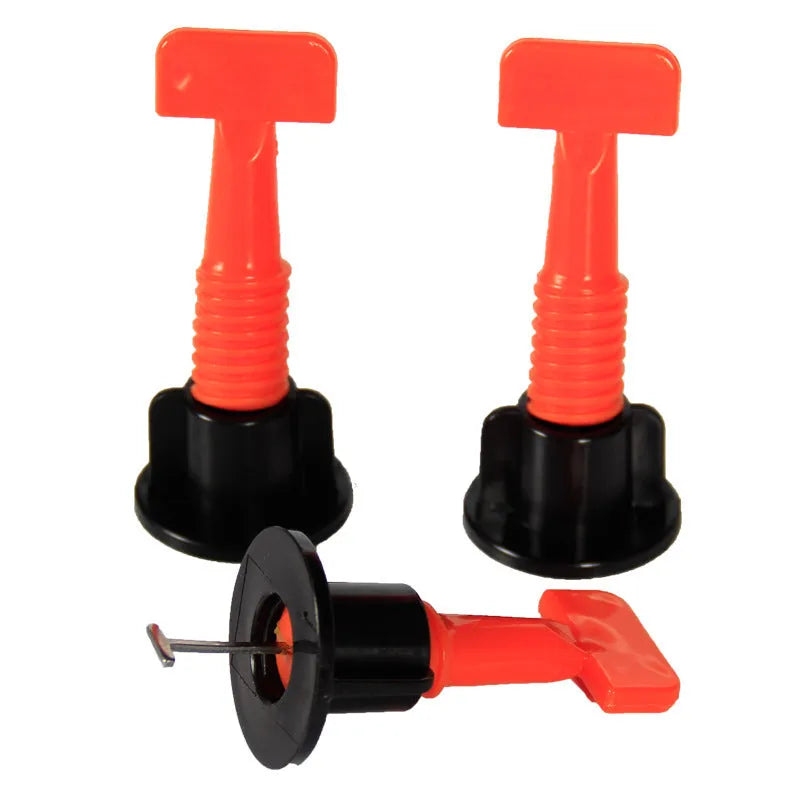 Pack of 50 white PE plastic tile positioning regulators and a metal wrench for levelling wall tiles.