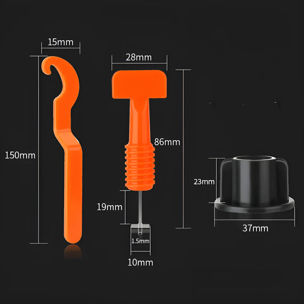 Pack of 50 white PE plastic tile positioning regulators and a metal wrench for levelling wall tiles.