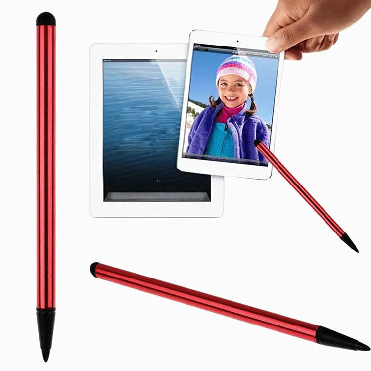 Silver, black and red dual-tip touch screen pens showing 12cm length next to mobile phone