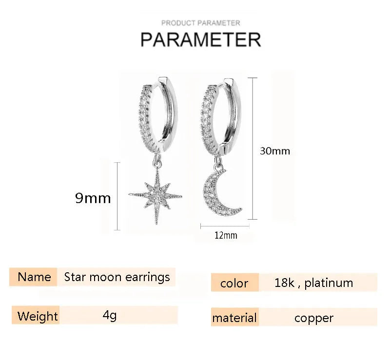 Asymmetric star moon earrings in copper with micro inlay, available in 18k, gold, silver, and platinum colour