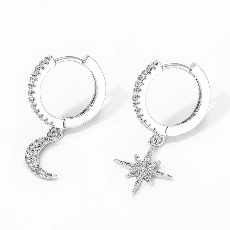 Asymmetric star moon earrings in copper with micro inlay, available in 18k, gold, silver, and platinum colour