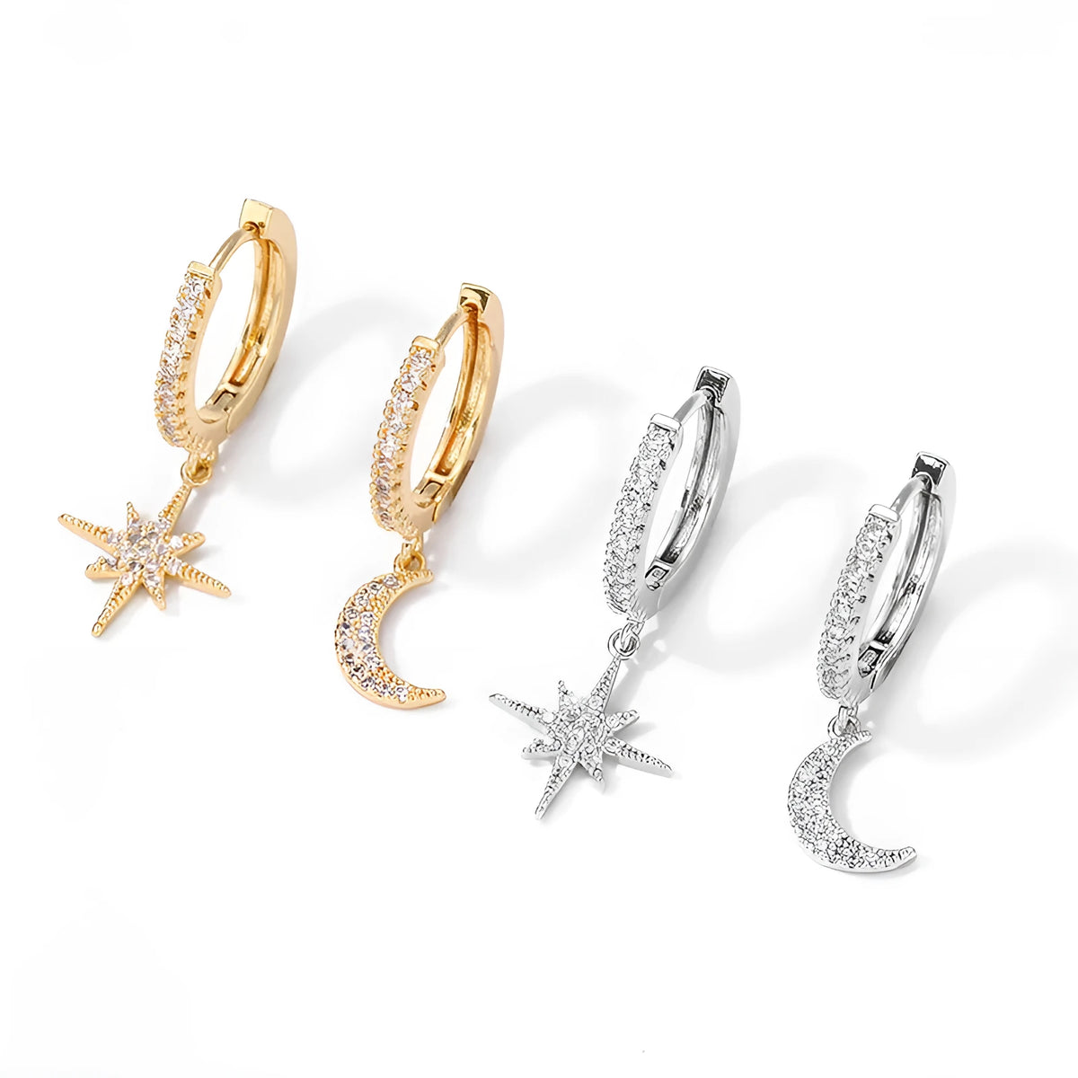 Asymmetric star moon earrings in copper with micro inlay, available in 18k, gold, silver, and platinum colour