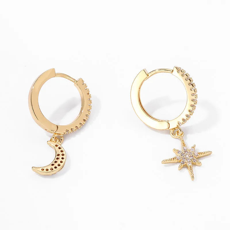 Asymmetric star moon earrings in copper with micro inlay, available in 18k, gold, silver, and platinum colour