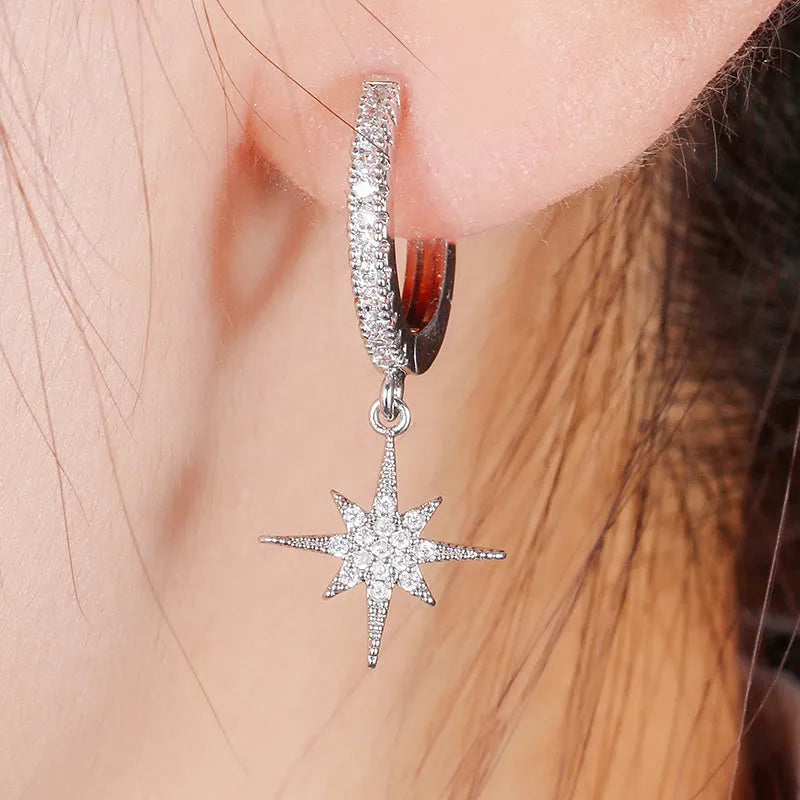 Asymmetric star moon earrings in copper with micro inlay, available in 18k, gold, silver, and platinum colour