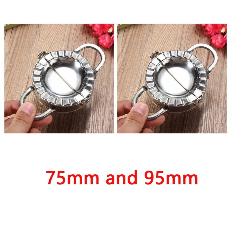 Stainless steel dumpling mould and rectangular dough cutter on a kitchen surface.