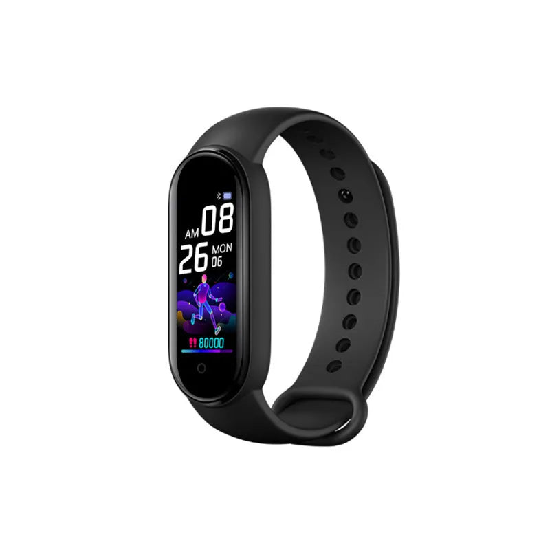 M5 smart bracelet with 0.96-inch touch screen showing heart rate display on wrist