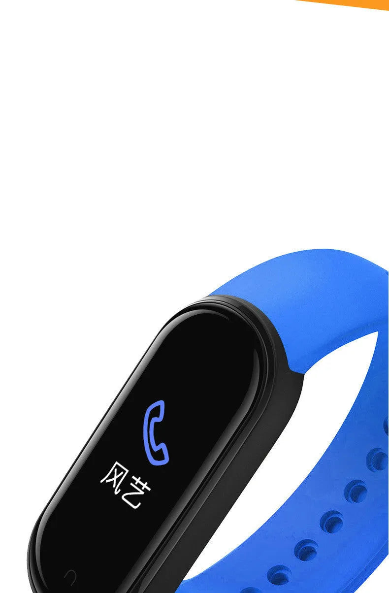 M5 smart bracelet with 0.96-inch touch screen showing heart rate display on wrist