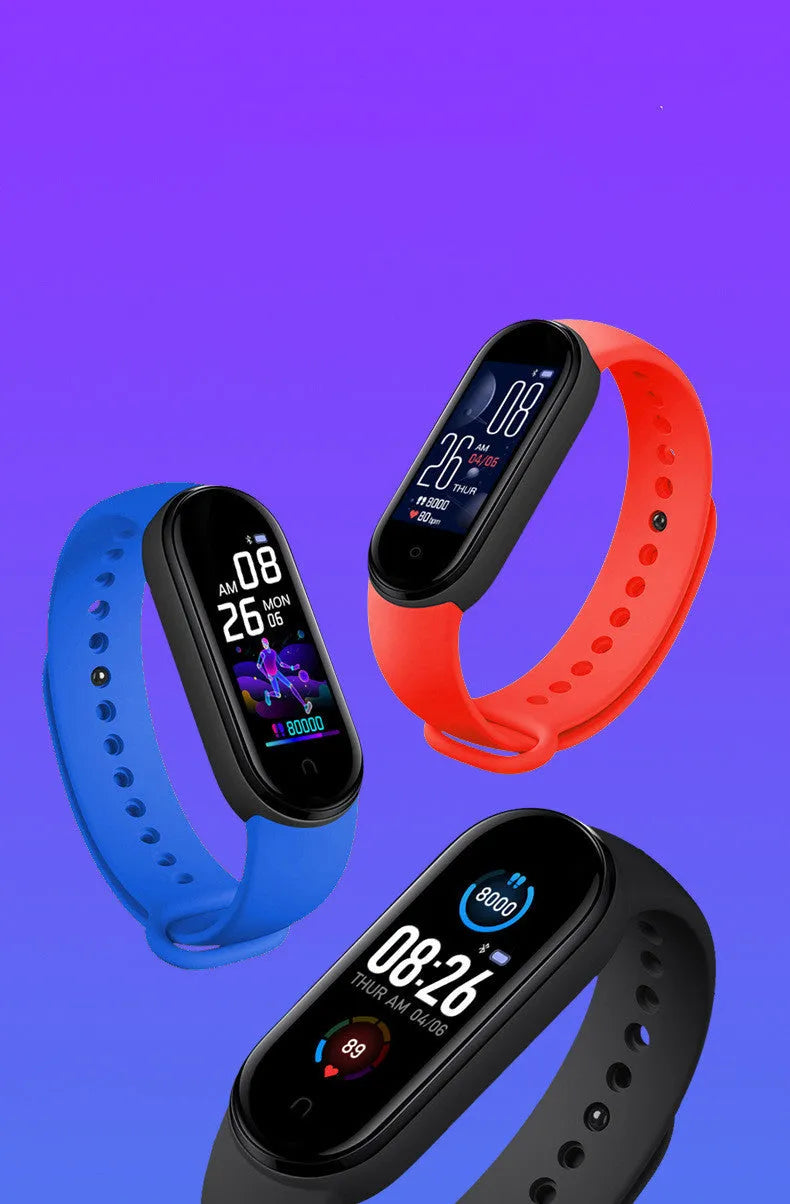M5 smart bracelet with 0.96-inch touch screen showing heart rate display on wrist