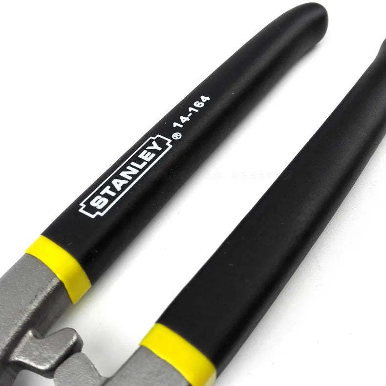 Yellow-handled high carbon steel barbed wire shears with a length of 200mm on a workshop bench.