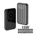 Blue magnetic wireless power bank attached to iPhone 12 showing charging indicator