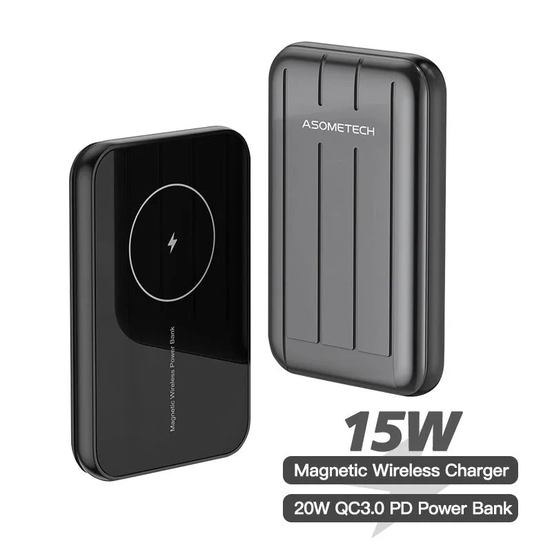 Blue magnetic wireless power bank attached to iPhone 12 showing charging indicator
