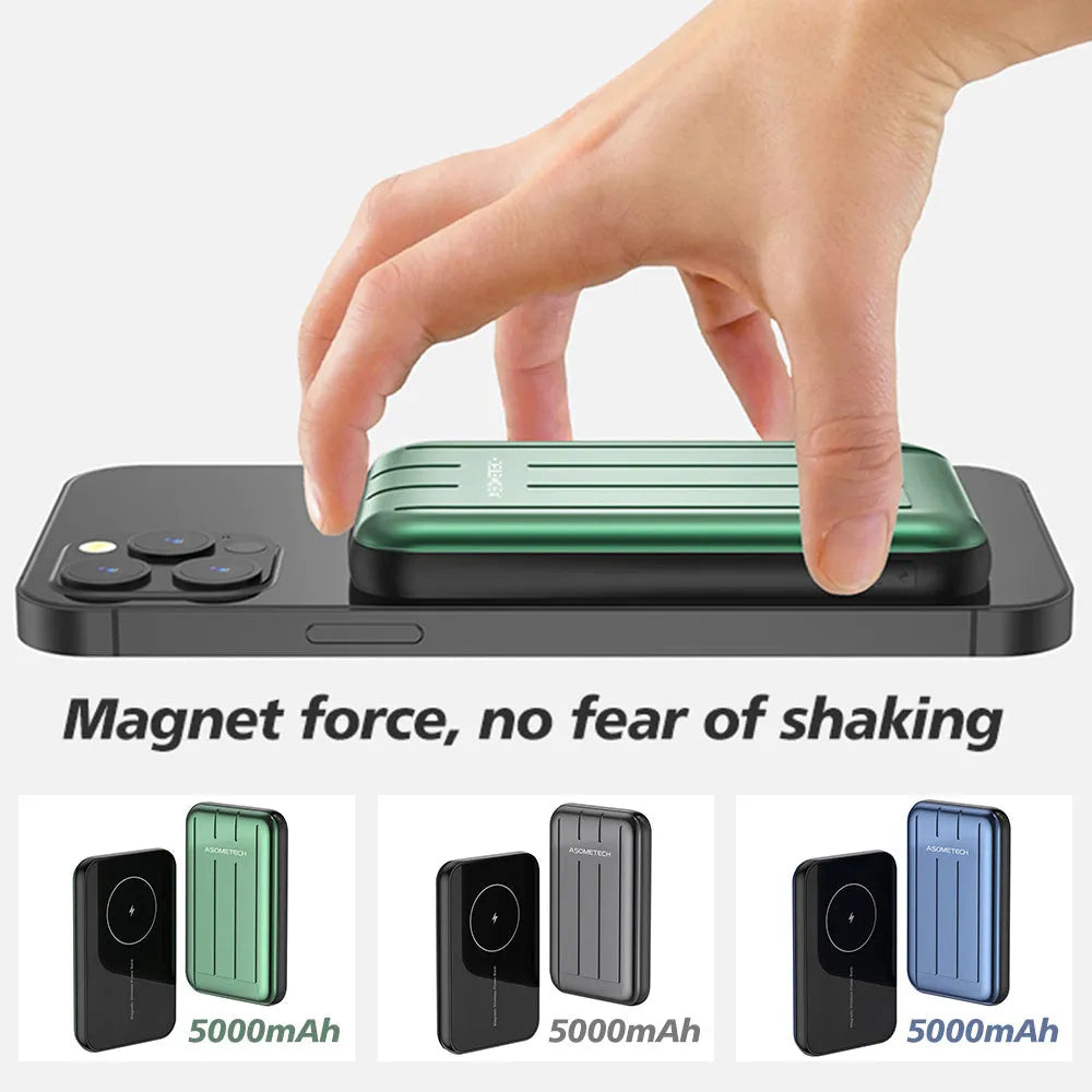 Blue magnetic wireless power bank attached to iPhone 12 showing charging indicator