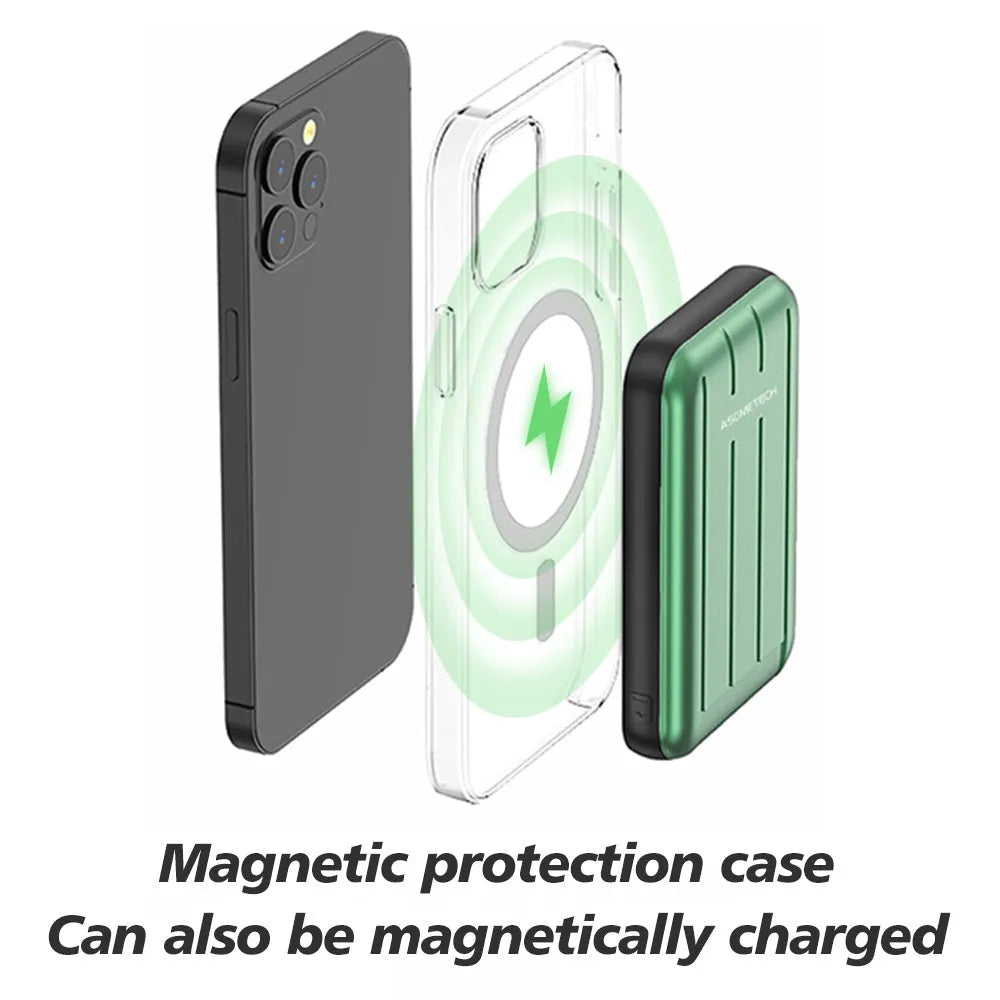 Blue magnetic wireless power bank attached to iPhone 12 showing charging indicator