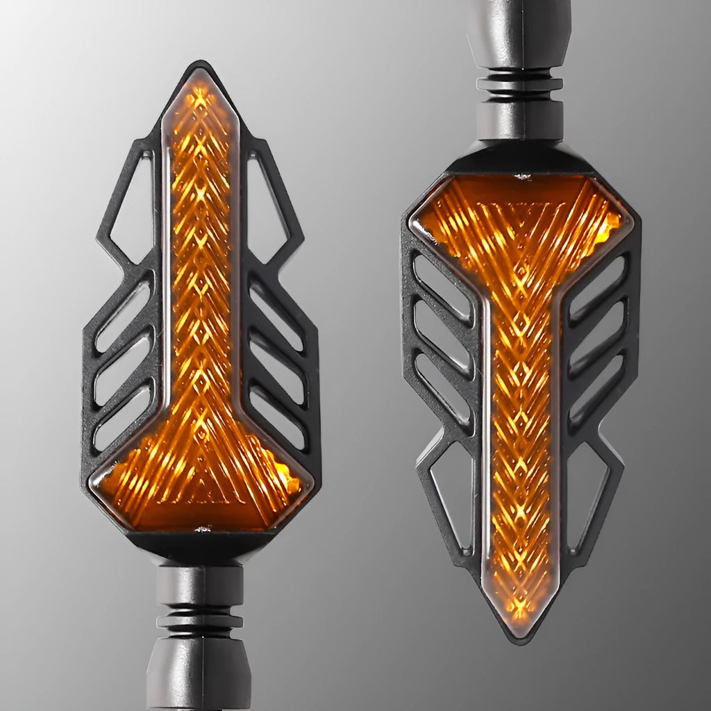 Pair of motorcycle running water turn signal lights with yellow flowing output, ABS and acrylic build, DC5-12V input