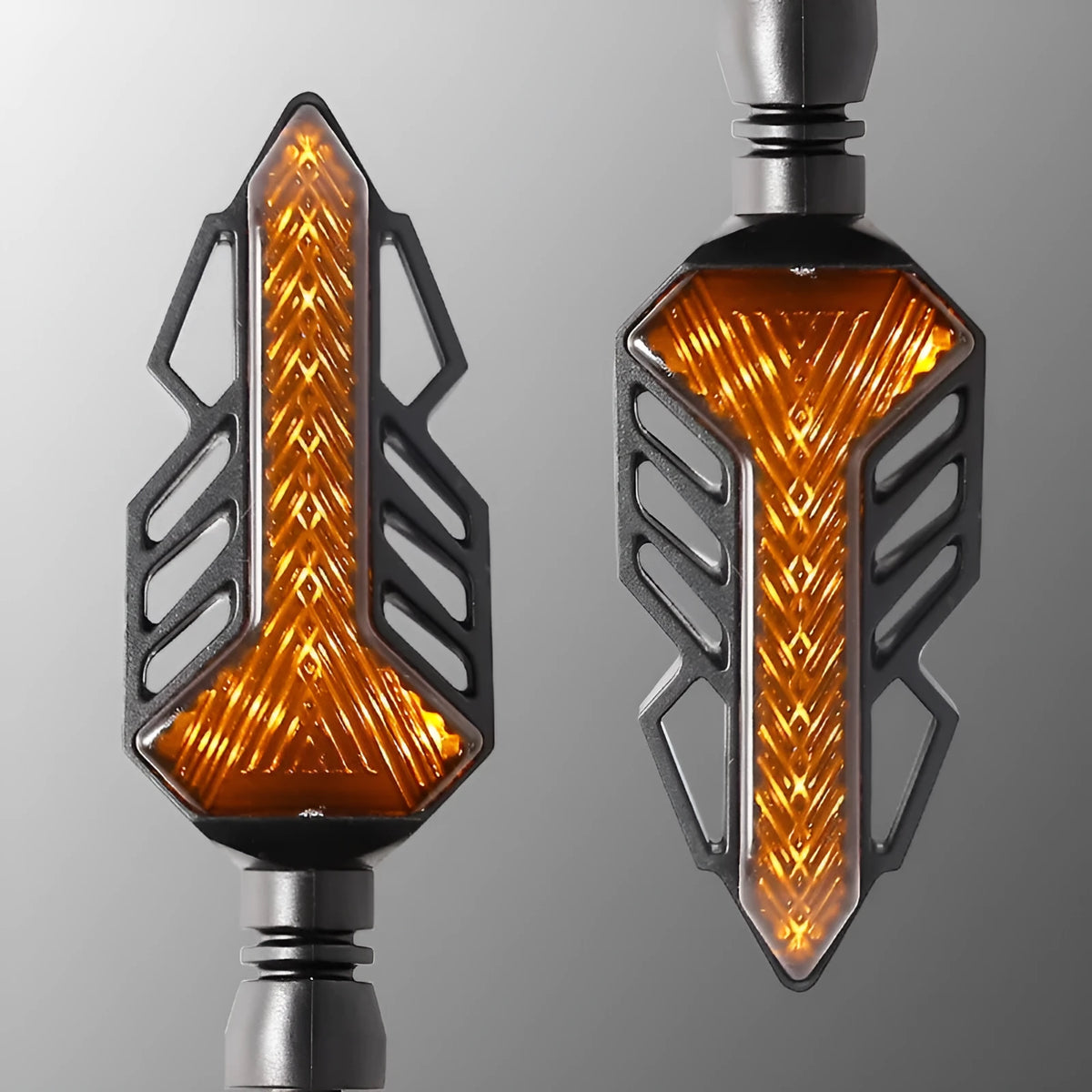 Pair of motorcycle running water turn signal lights with yellow flowing output, ABS and acrylic build, DC5-12V input