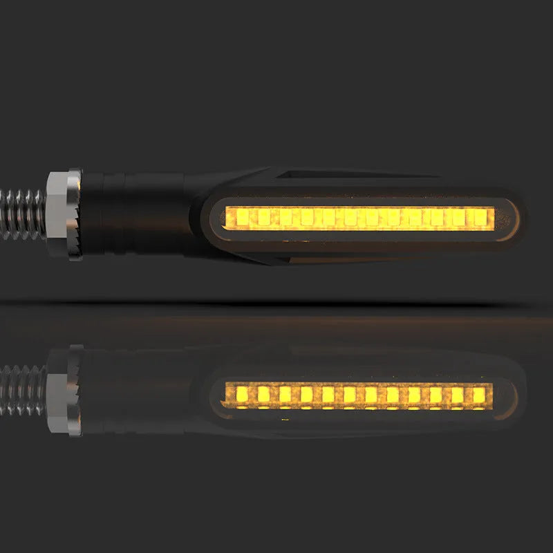 Pair of motorcycle running water turn signal lights with yellow flowing output, ABS and acrylic build, DC5-12V input