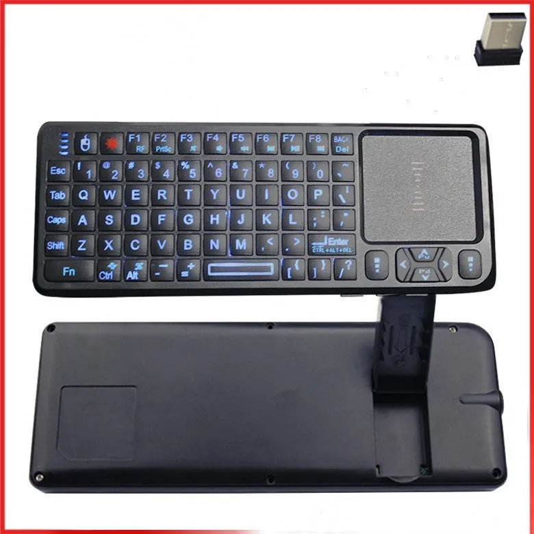 Black wireless mini keyboard with touch screen measuring 151mm long, featuring backlit keys and compact design for presentations