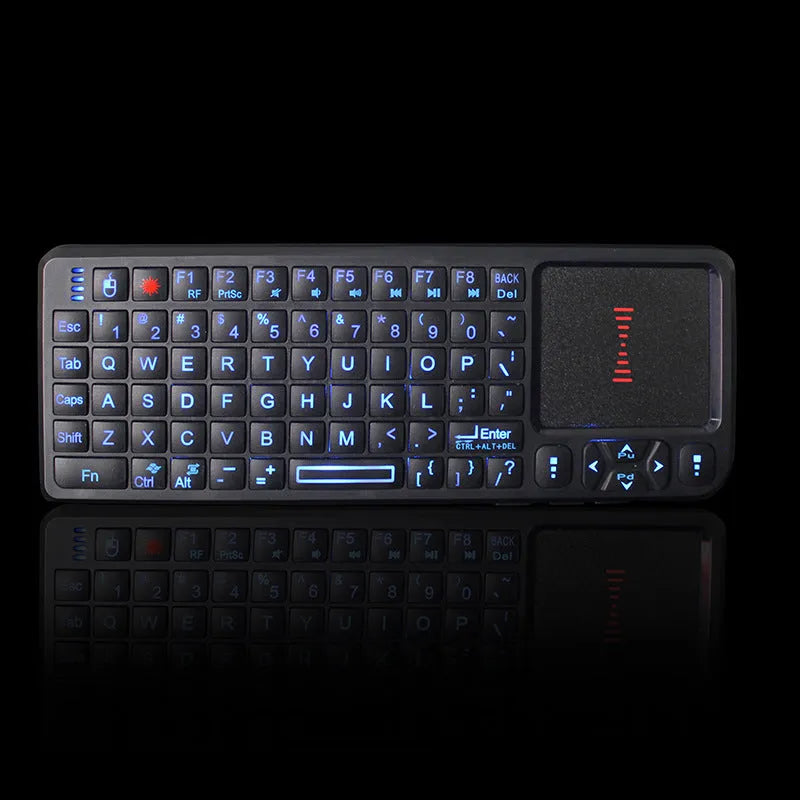Black wireless mini keyboard with touch screen measuring 151mm long, featuring backlit keys and compact design for presentations