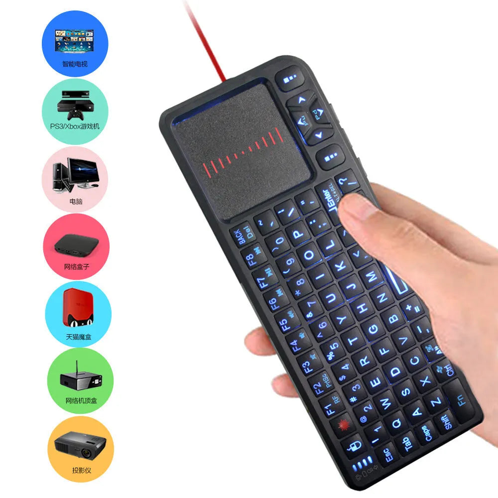 Black wireless mini keyboard with touch screen measuring 151mm long, featuring backlit keys and compact design for presentations