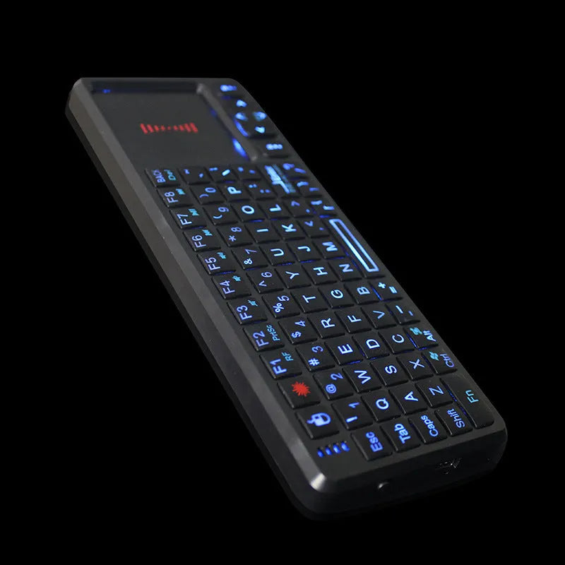 Black wireless mini keyboard with touch screen measuring 151mm long, featuring backlit keys and compact design for presentations