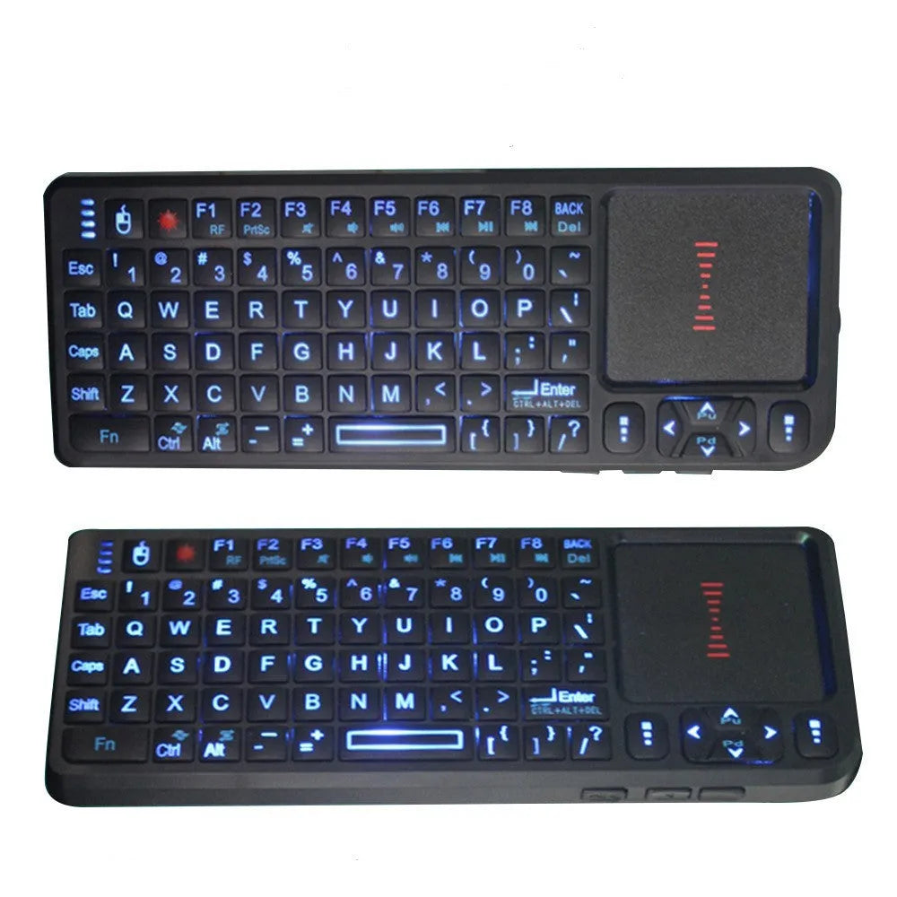 Black wireless mini keyboard with touch screen measuring 151mm long, featuring backlit keys and compact design for presentations