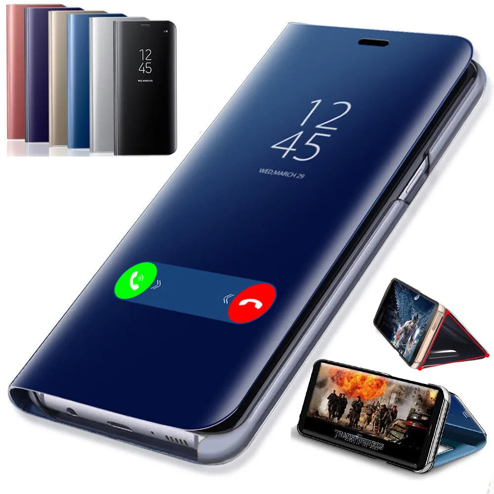 Black mirror flip case with kickstand open, compatible with Samsung Galaxy A50 and A51 phones.