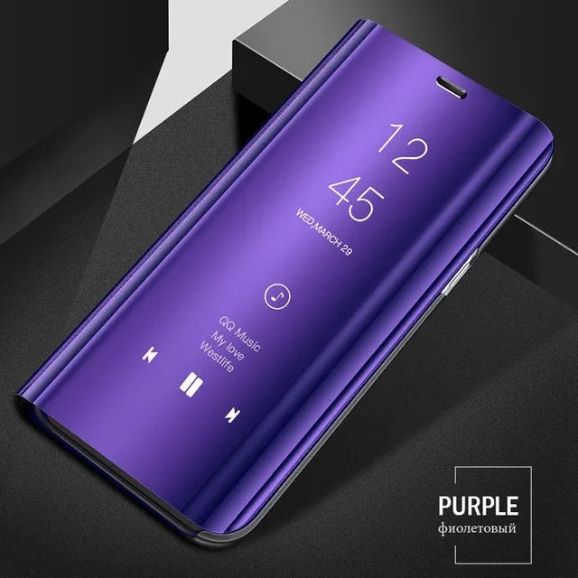 Black mirror flip case with kickstand open, compatible with Samsung Galaxy A50 and A51 phones.