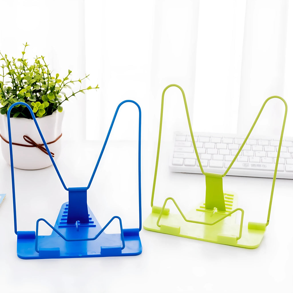 Adjustable reading book holder stand measuring 16x17.5cm in red, green, or blue colours