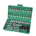 46-piece metric socket set with ratchet and torque wrench in green plastic storage box, alloy steel tools for auto repairs